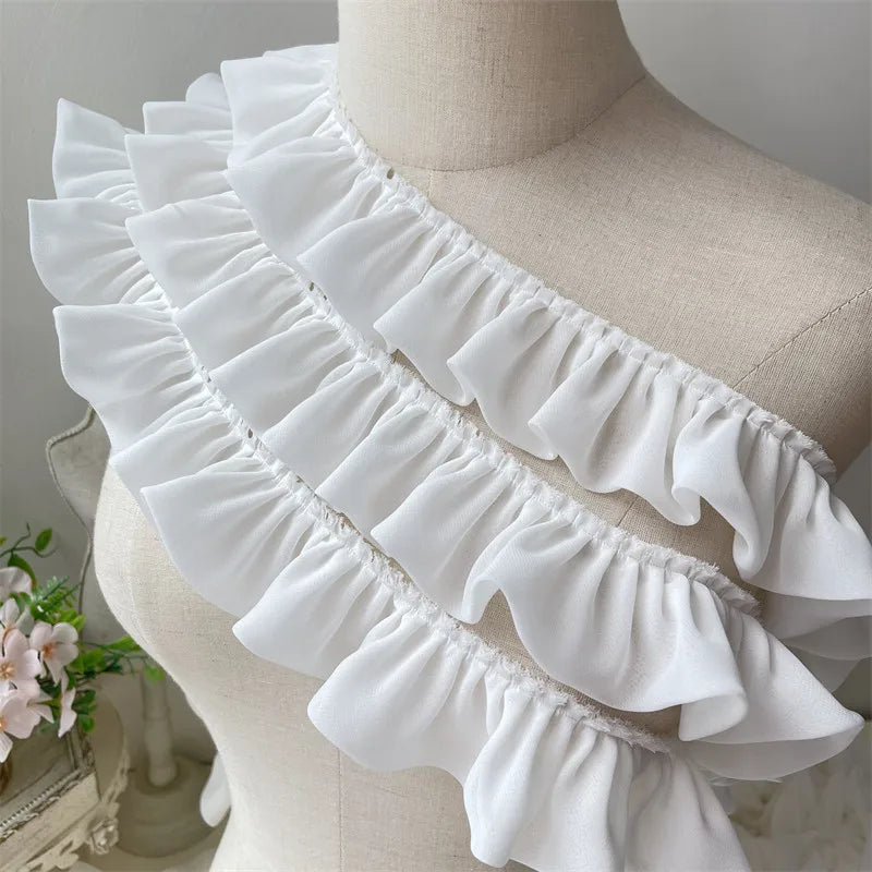 5CM Wide White Double Layers Chiffon Fabric Needlework Frilled Ribbon Ruffle Trim Wedding Dress