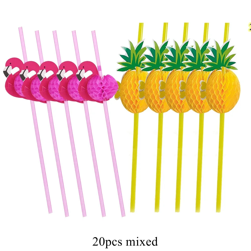 1Set Pineapple Flamingo Honeycomb Paper Straws Cake Toppers Kids Birhtday Party Decoration Summer Pool Party Hainging Ornament