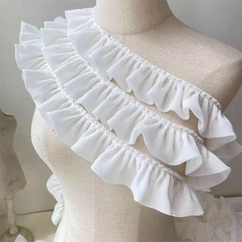 5CM Wide White Double Layers Chiffon Fabric Needlework Frilled Ribbon Ruffle Trim Wedding Dress