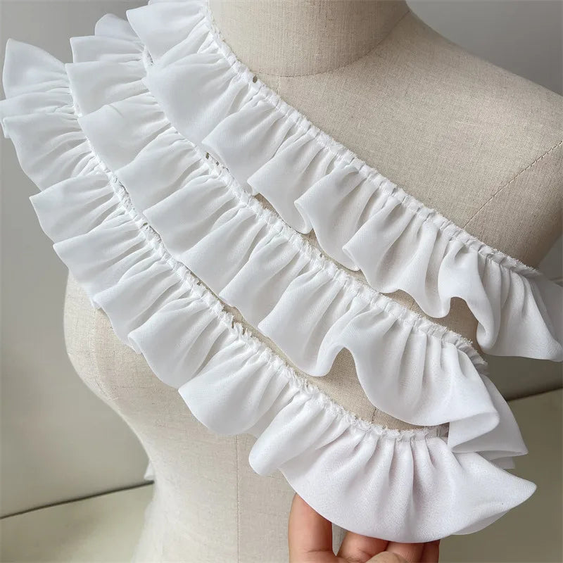 5CM Wide White Double Layers Chiffon Fabric Needlework Frilled Ribbon Ruffle Trim Wedding Dress