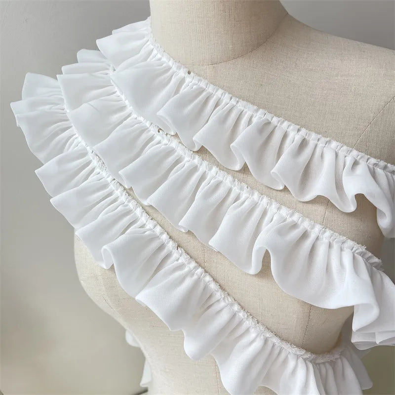 5CM Wide White Double Layers Chiffon Fabric Needlework Frilled Ribbon Ruffle Trim Wedding Dress