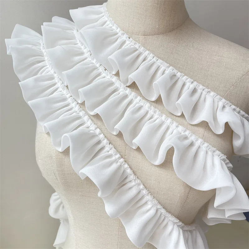 5CM Wide White Double Layers Chiffon Fabric Needlework Frilled Ribbon Ruffle Trim Wedding Dress