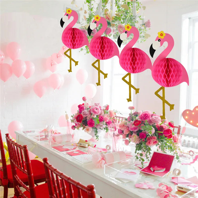 1Set Pineapple Flamingo Honeycomb Paper Straws Cake Toppers Kids Birhtday Party Decoration Summer Pool Party Hainging Ornament