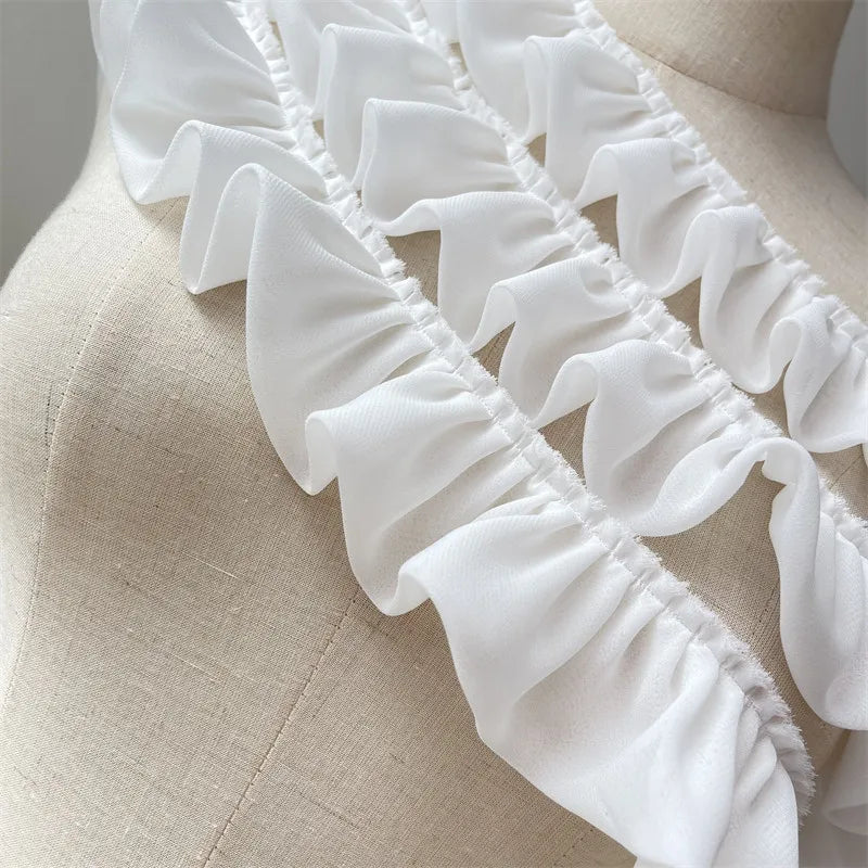 5CM Wide White Double Layers Chiffon Fabric Needlework Frilled Ribbon Ruffle Trim Wedding Dress