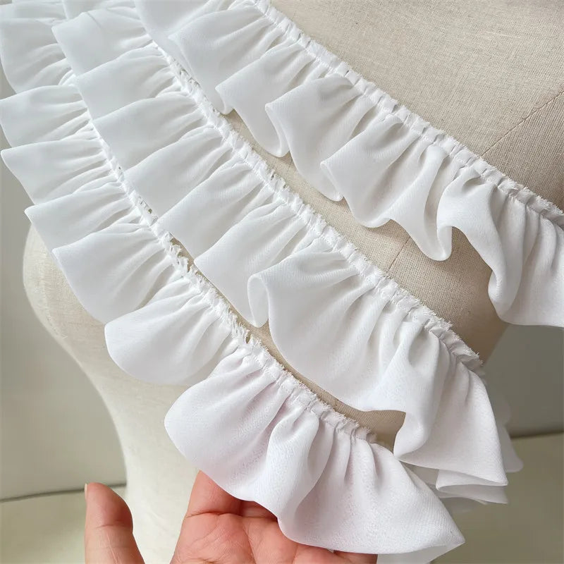 5CM Wide White Double Layers Chiffon Fabric Needlework Frilled Ribbon Ruffle Trim Wedding Dress