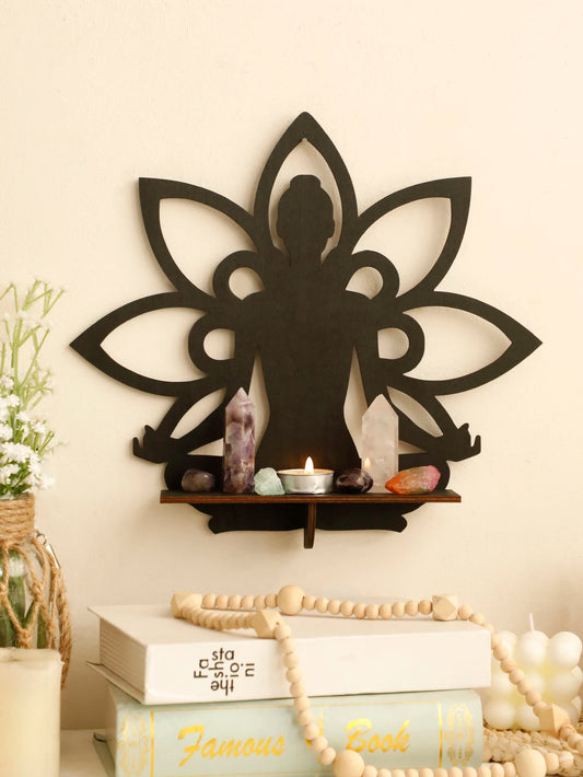 Buddha Wooden Wall Shelf Boho Home Decoration Lotus Crystal Stone Display Stand Room Decors Aesthetic for Living Room Wall Art