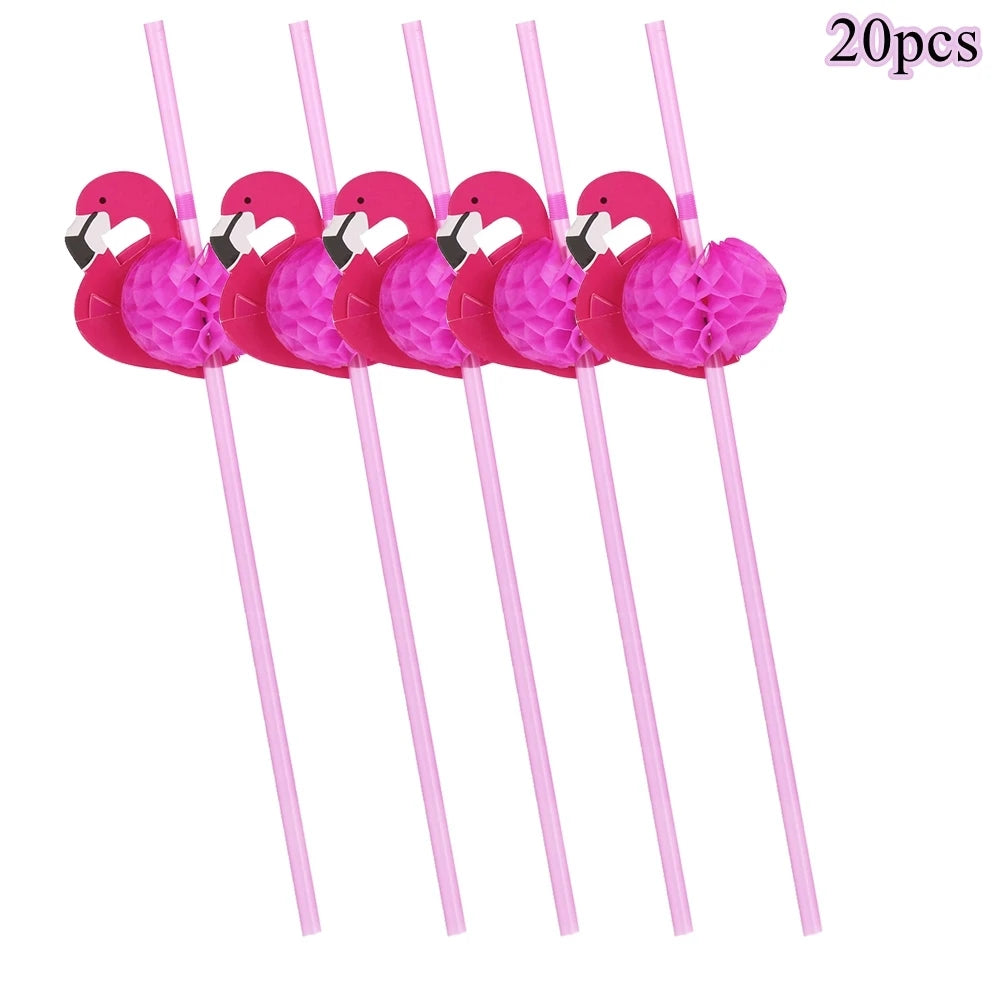 1Set Pineapple Flamingo Honeycomb Paper Straws Cake Toppers Kids Birhtday Party Decoration Summer Pool Party Hainging Ornament