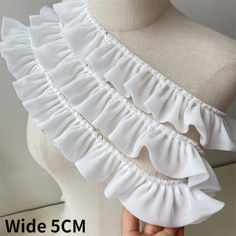 5CM Wide White Double Layers Chiffon Fabric Needlework Frilled Ribbon Ruffle Trim Wedding Dress