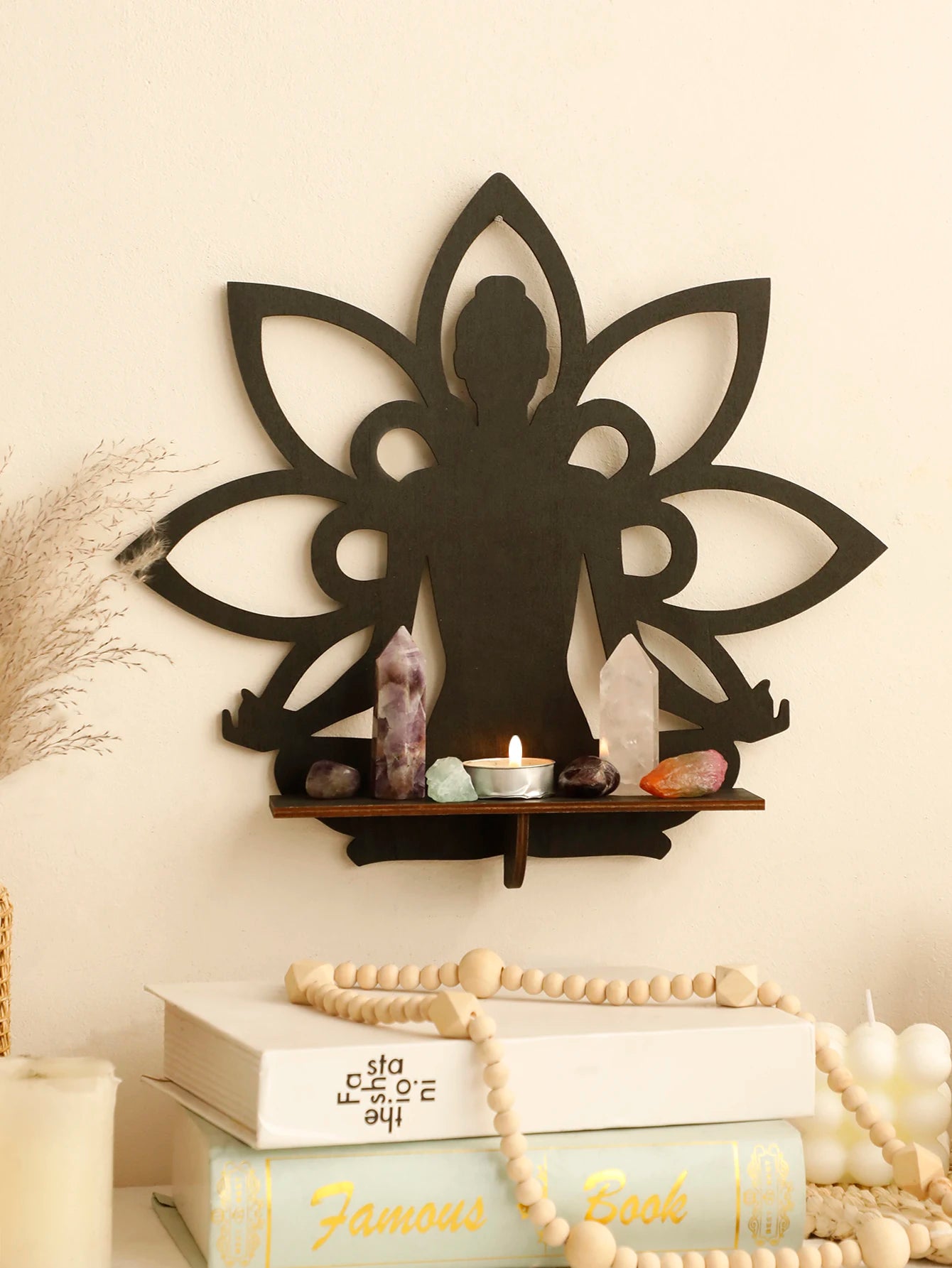 Buddha Wooden Wall Shelf Boho Home Decoration Lotus Crystal Stone Display Stand Room Decors Aesthetic for Living Room Wall Art