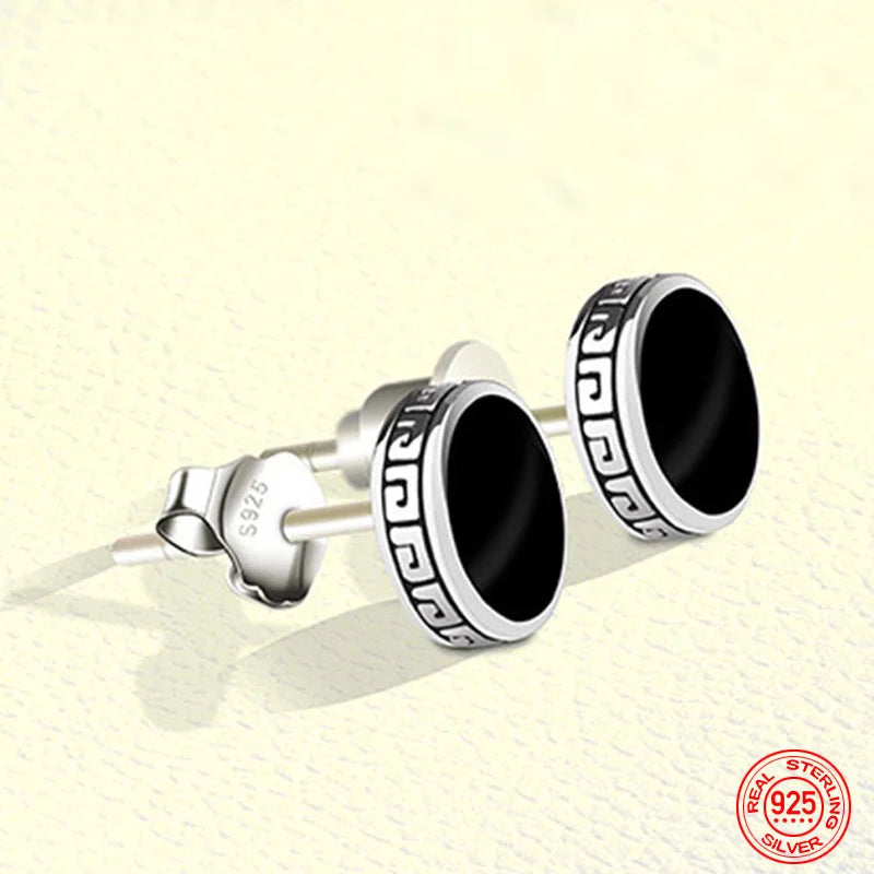 925 Sterling Silver 6mm 8mm Black Round Stud Earrings For Women Men Jewelry Accessories