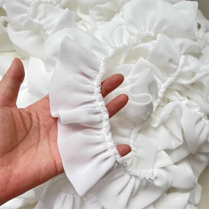 5CM Wide White Double Layers Chiffon Fabric Needlework Frilled Ribbon Ruffle Trim Wedding Dress