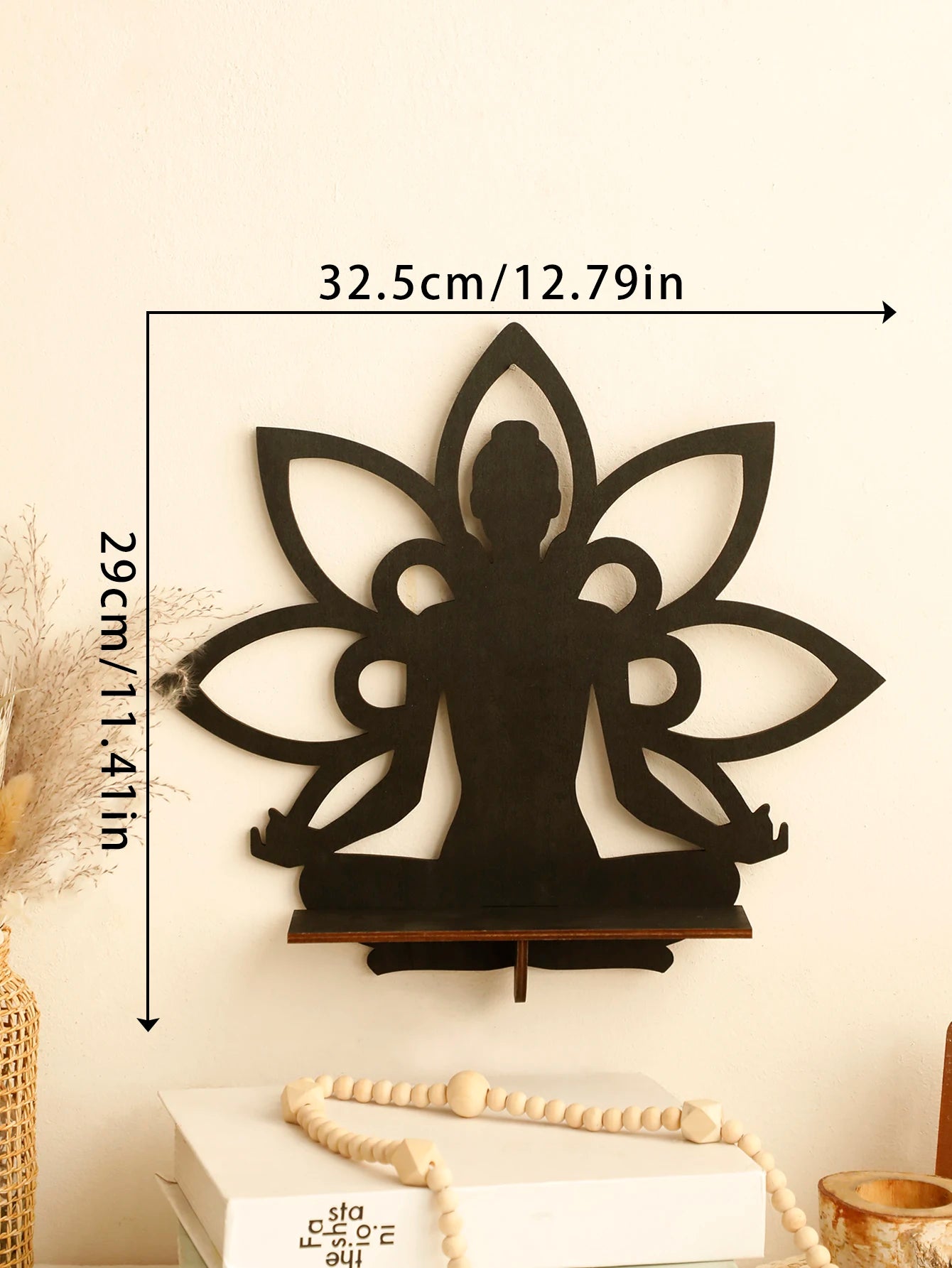 Buddha Wooden Wall Shelf Boho Home Decoration Lotus Crystal Stone Display Stand Room Decors Aesthetic for Living Room Wall Art