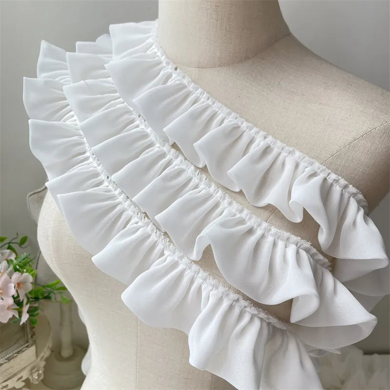 5CM Wide White Double Layers Chiffon Fabric Needlework Frilled Ribbon Ruffle Trim Wedding Dress