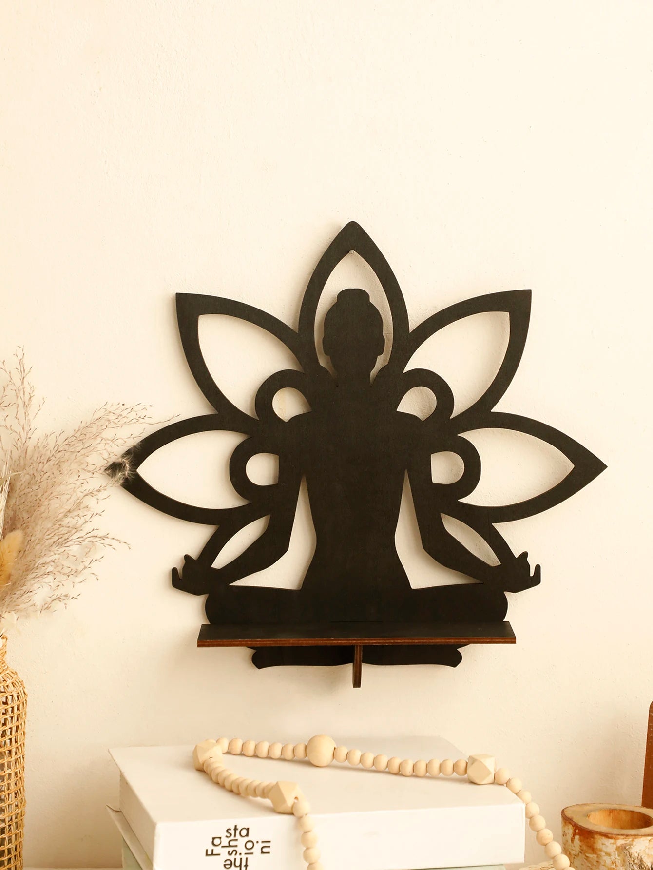 Buddha Wooden Wall Shelf Boho Home Decoration Lotus Crystal Stone Display Stand Room Decors Aesthetic for Living Room Wall Art