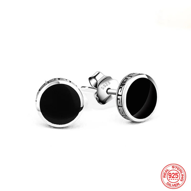 925 Sterling Silver 6mm 8mm Black Round Stud Earrings For Women Men Jewelry Accessories