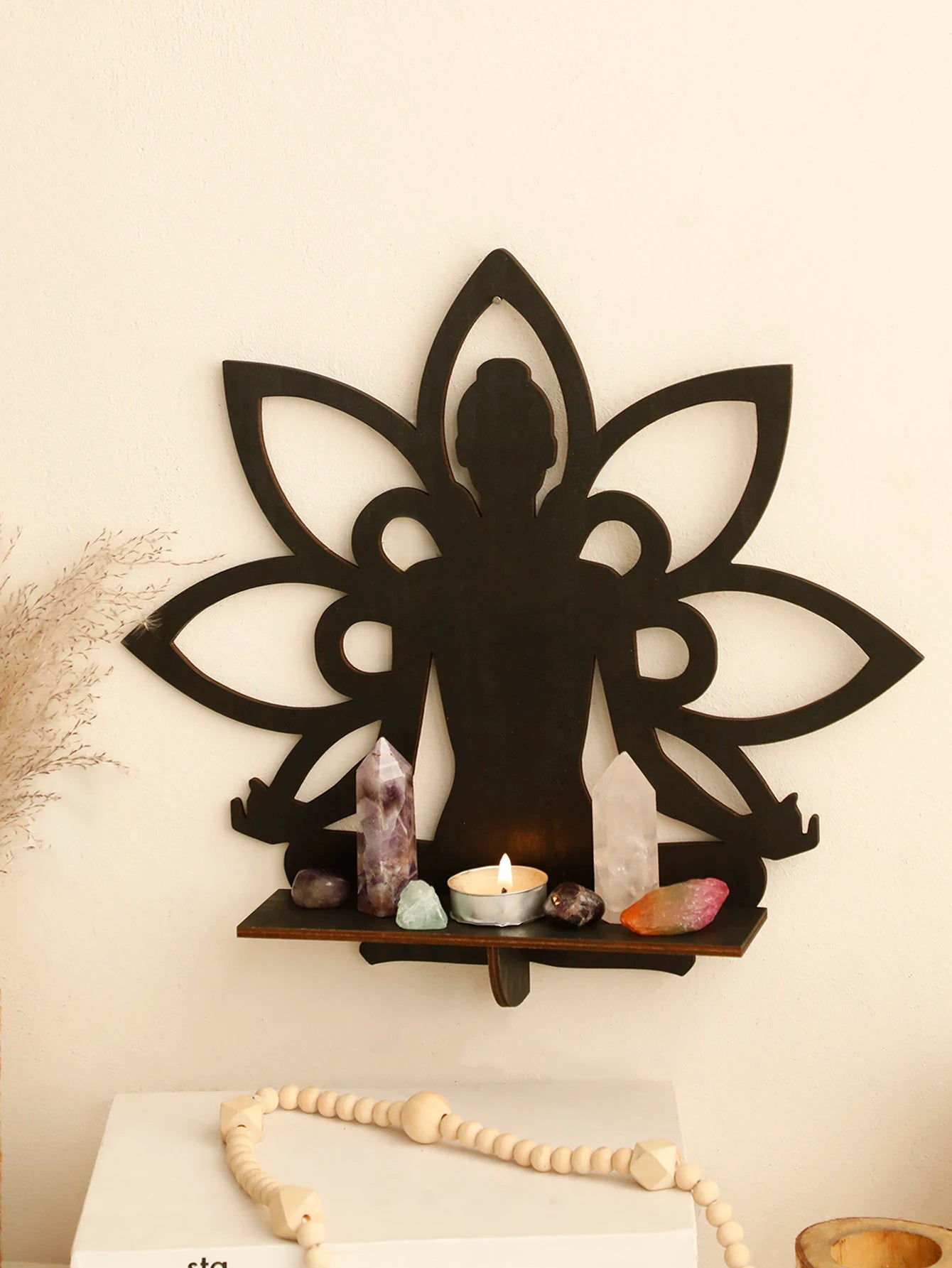 Buddha Wooden Wall Shelf Boho Home Decoration Lotus Crystal Stone Display Stand Room Decors Aesthetic for Living Room Wall Art