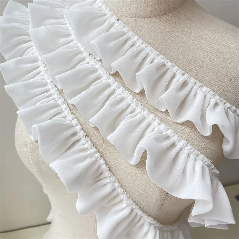 5CM Wide White Double Layers Chiffon Fabric Needlework Frilled Ribbon Ruffle Trim Wedding Dress