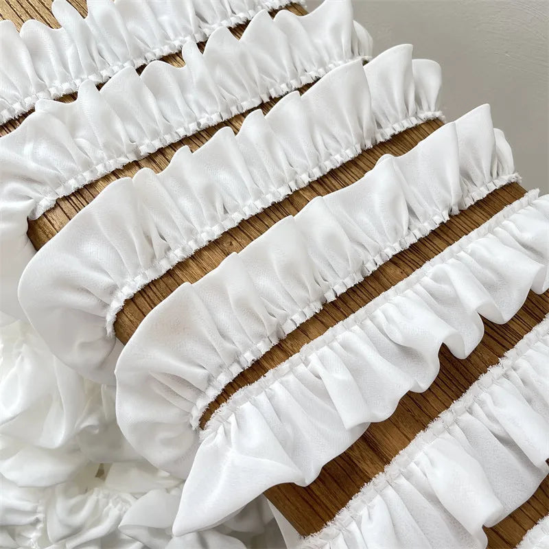 5CM Wide White Double Layers Chiffon Fabric Needlework Frilled Ribbon Ruffle Trim Wedding Dress