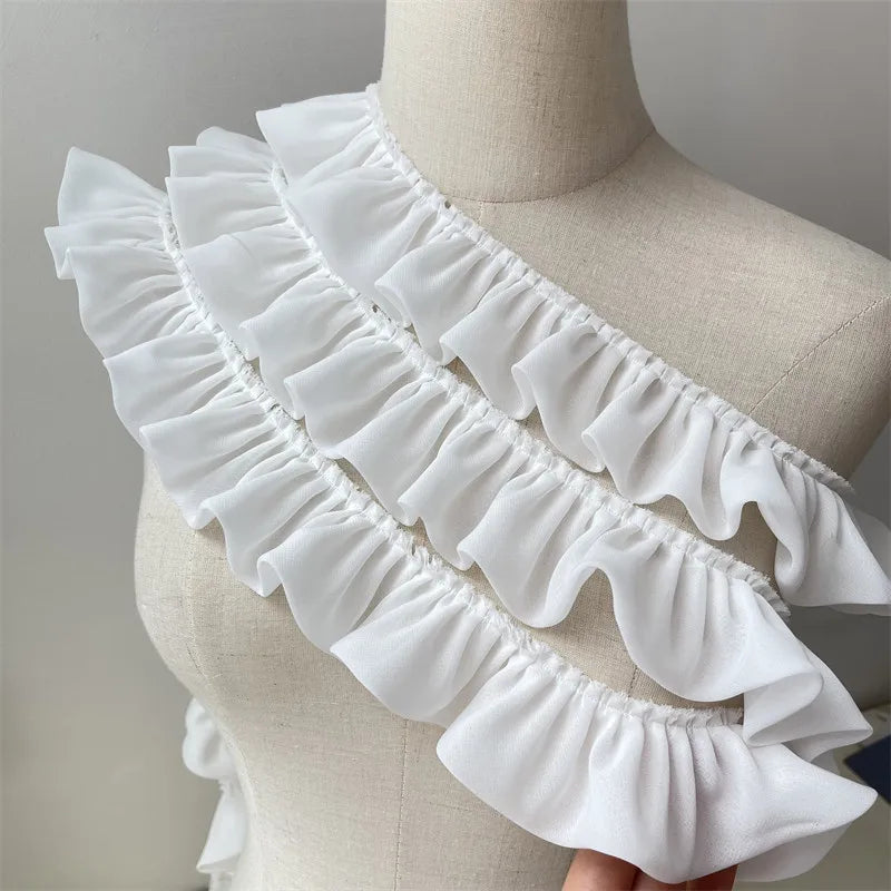 5CM Wide White Double Layers Chiffon Fabric Needlework Frilled Ribbon Ruffle Trim Wedding Dress