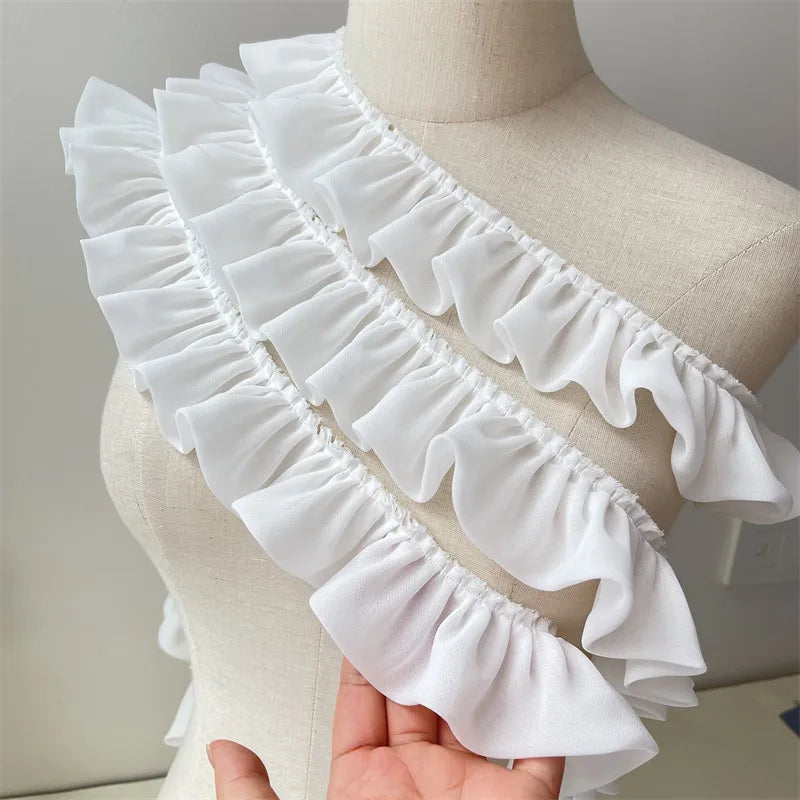 5CM Wide White Double Layers Chiffon Fabric Needlework Frilled Ribbon Ruffle Trim Wedding Dress